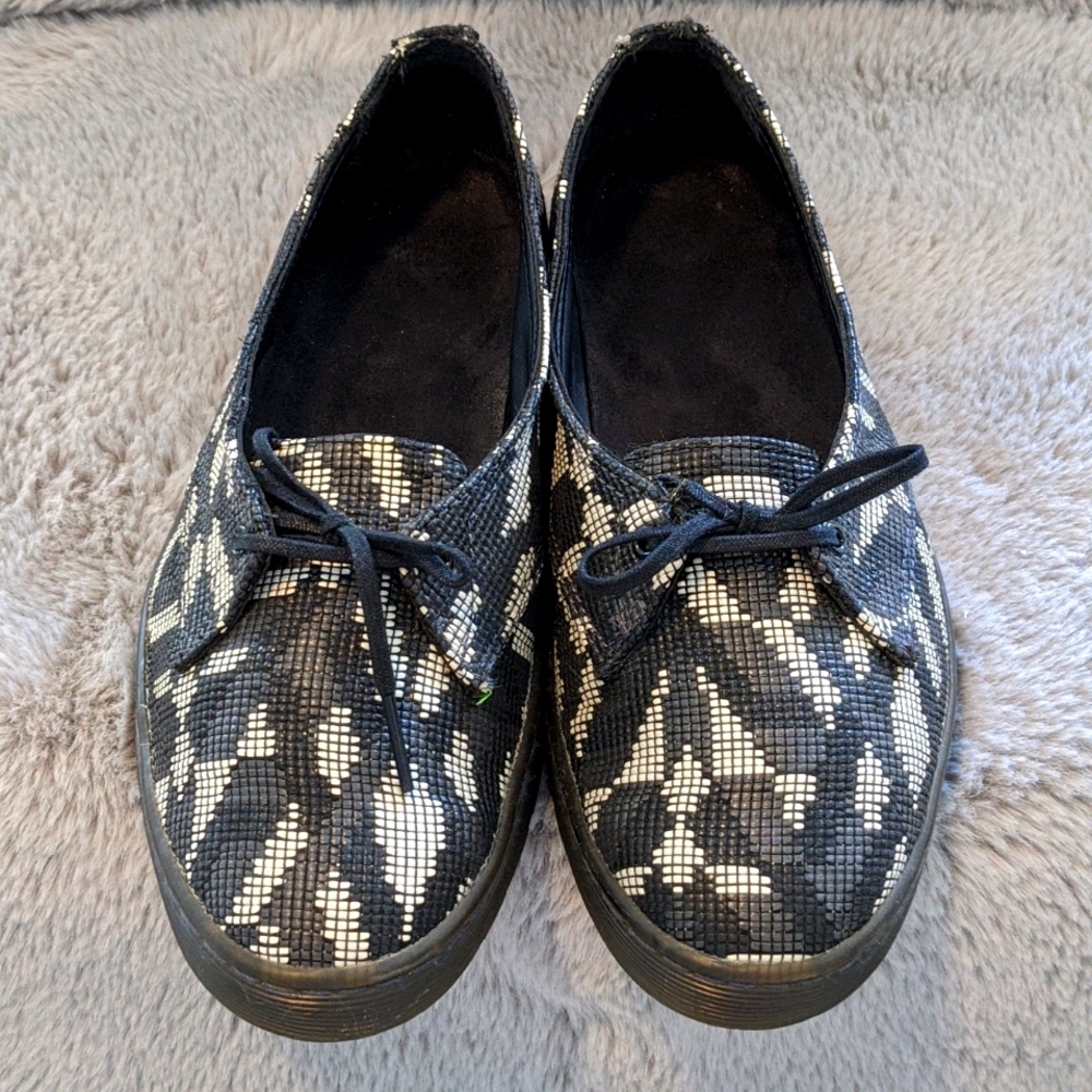 Dr. Martens Black Gray and White Print Slip On One-Hole Oxford Shoes